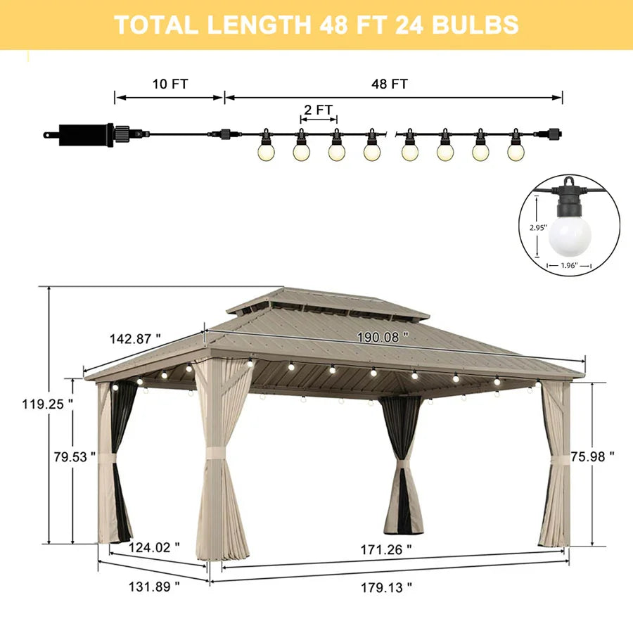 PURPLE LEAF Deck Gazebo Champagne Hardtop Metal Frame Double Roof with Curtains and Netting with Lights-milky