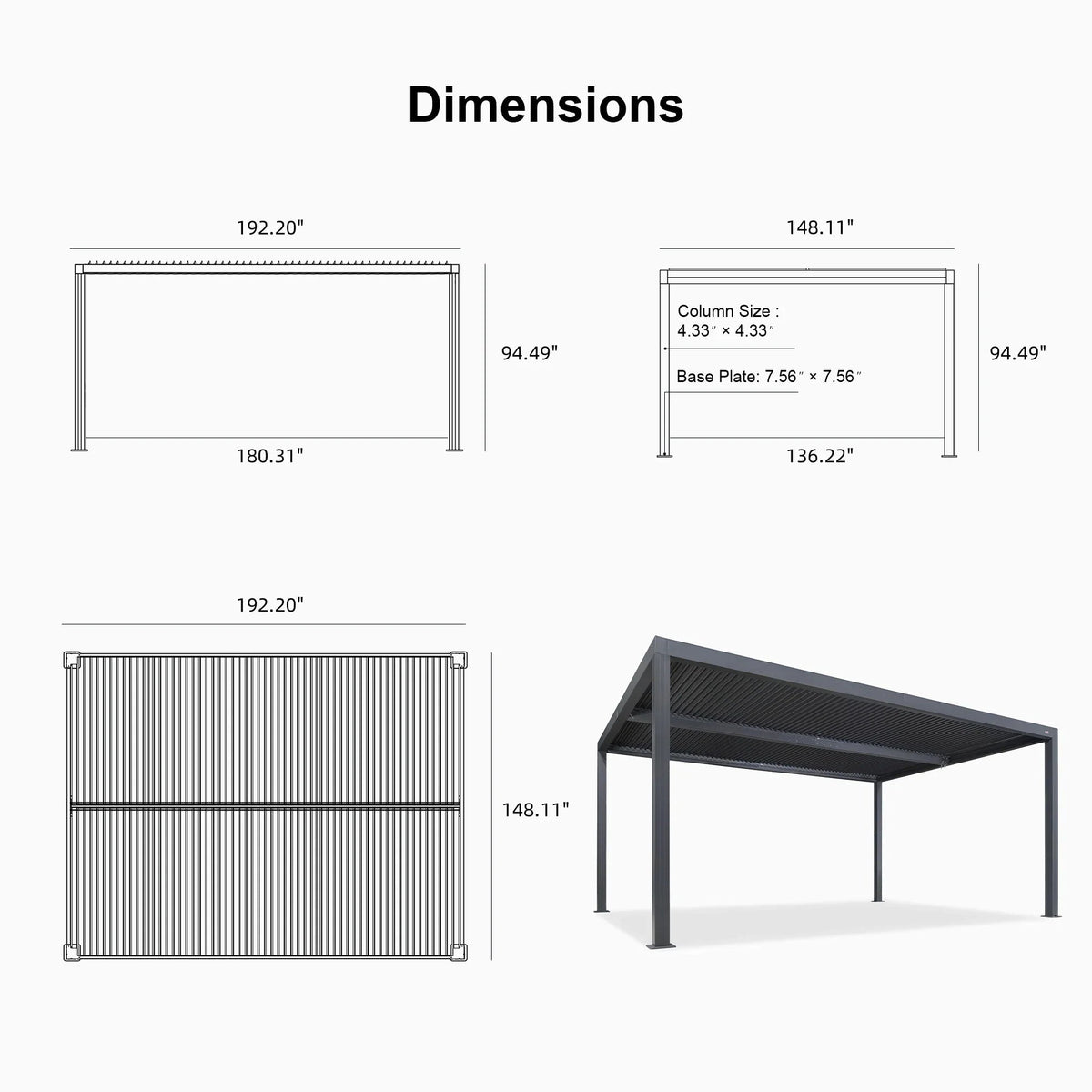 PURPLE LEAF Athena Louvered Pergola Grey Outdoor Aluminum Pergola with Roller Blind Adjustable Gazebo for Patio Deck Garden