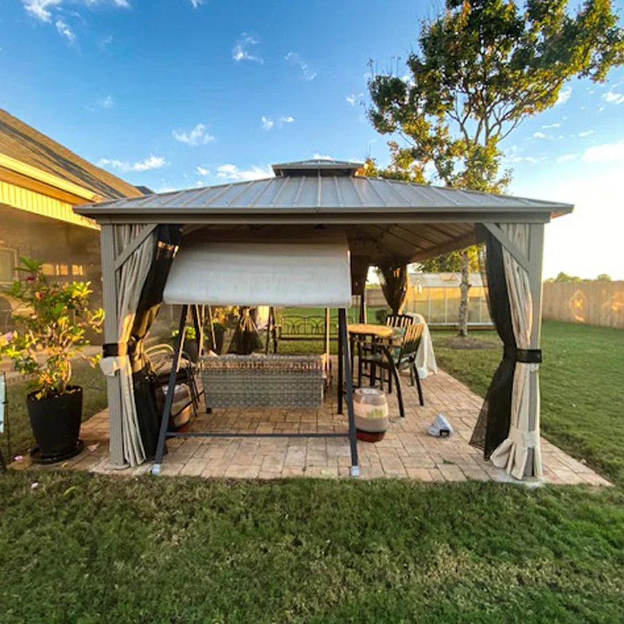 PURPLE LEAF Deck Gazebo Champagne Hardtop Metal Frame Double Roof with Curtains and Netting with Lights-milky