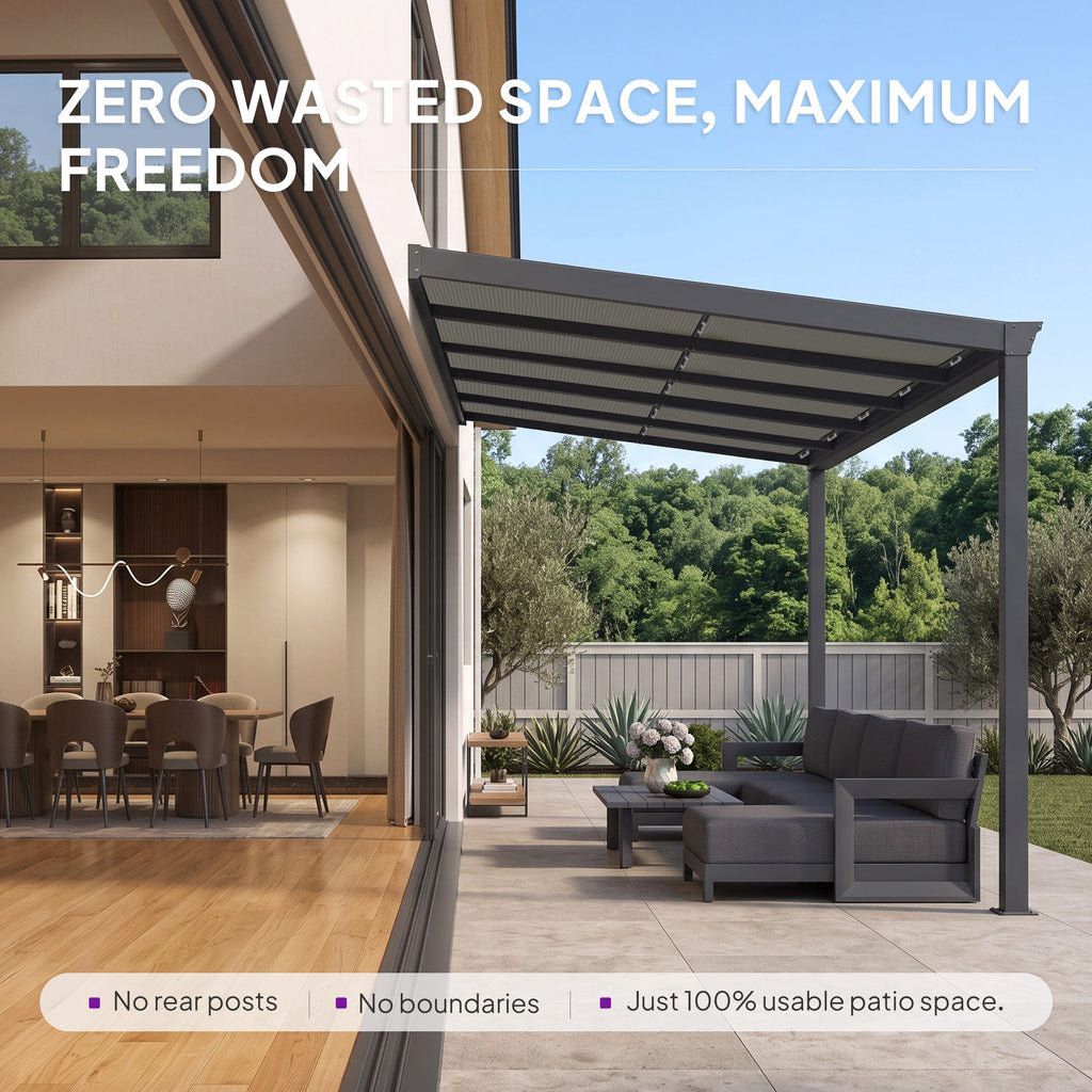 PURPLE LEAF Wall Mounted Gazebo with Gray Polycarbonate Roof Aluminum Frame Patio Cover with Retractable Pleated Shades for Porch