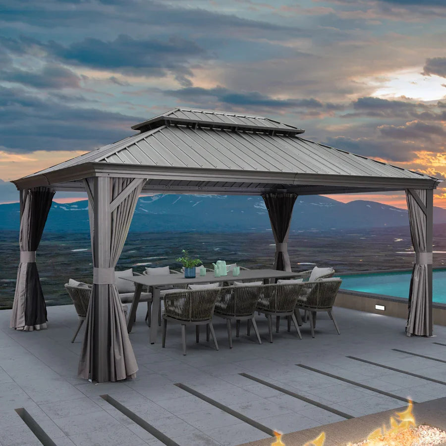 PURPLE LEAF Patio Gazebo for Backyard Grey Hardtop Galvanized Steel Roof Awning with Upgrade Curtain