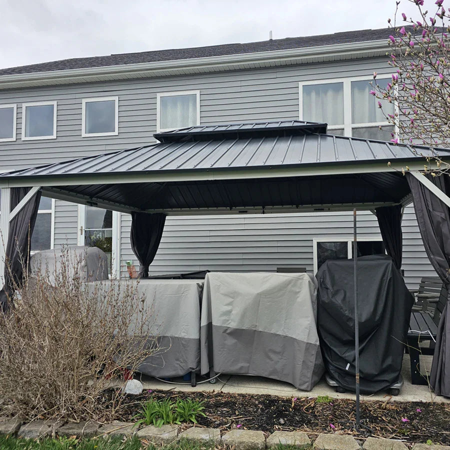PURPLE LEAF Modern Gazebo Grey Hardtop Galvanized Steel Double Roof White Aluminum Poles with Curtains and Netting with Lights-milky