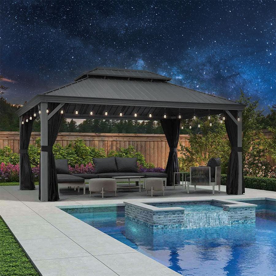 PURPLE LEAF Patio Gazebo for Pool Light Grey Hardtop Galvanized Steel Roof with String Lights-milky