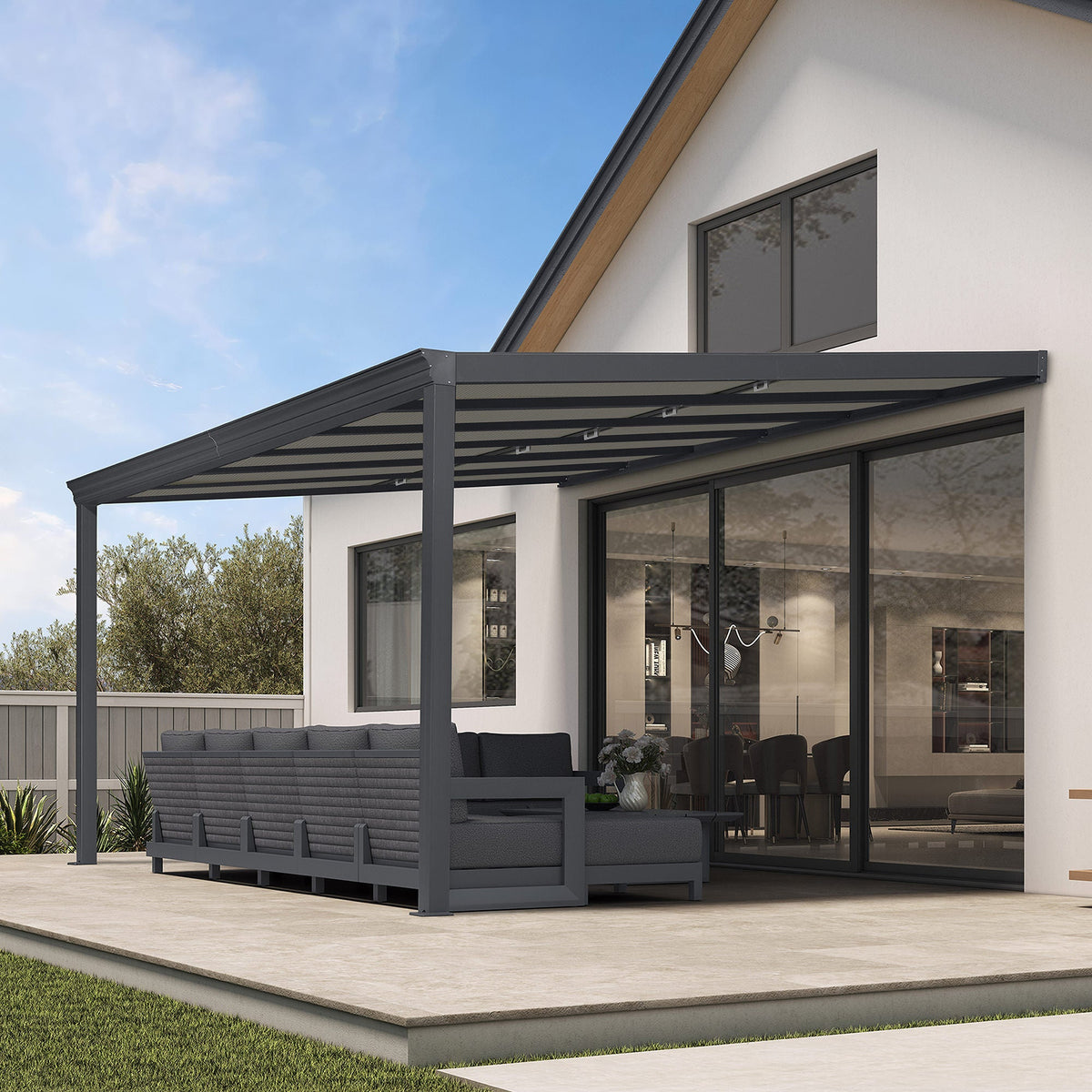 PURPLE LEAF Wall Mounted Gazebo with Gray Polycarbonate Roof Aluminum Frame Patio Cover with Retractable Pleated Shades for Porch