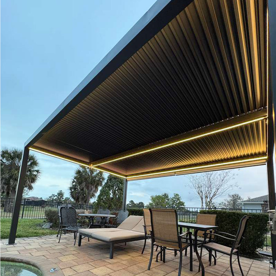PURPLE LEAF Athena Louvered Pergola Grey Outdoor Aluminum Pergola with Strip Lights Adjustable Gazebo for Patio Deck Garden