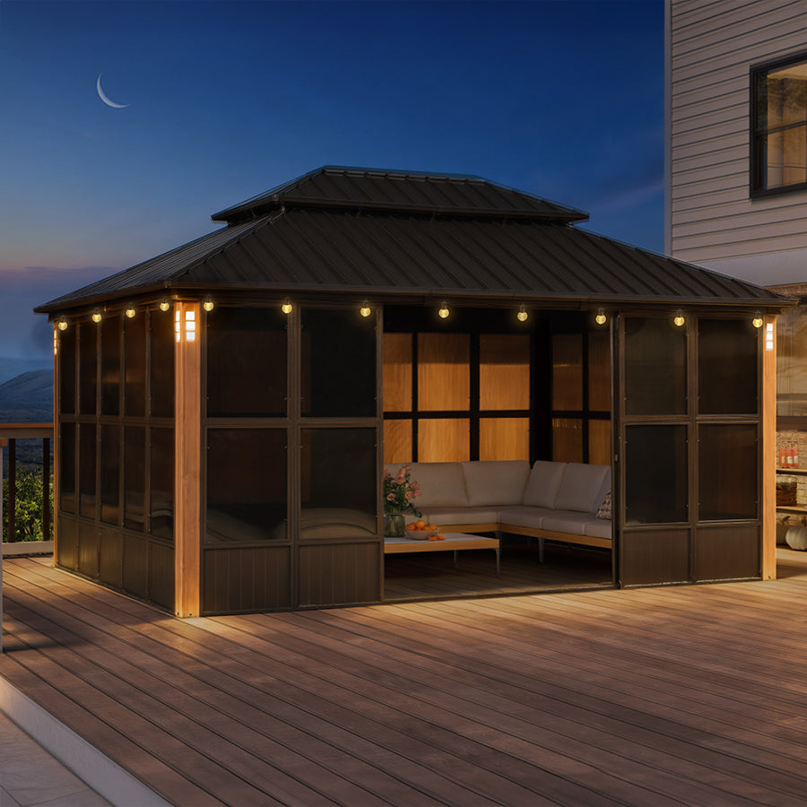 PURPLE LEAF Bronze Frame Sunroom Hardtop Gazebo Solarium Wood Grain Columns Galvanized Steel Double Roof All-Weather Screen House with Lights