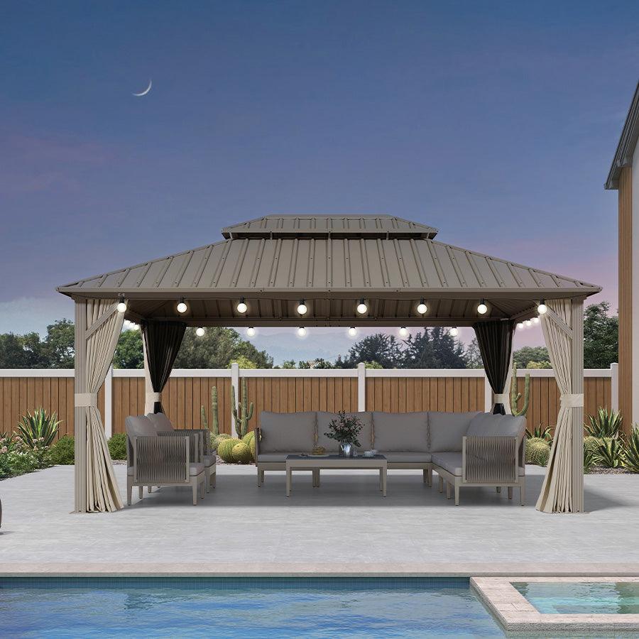 PURPLE LEAF Deck Gazebo Champagne Hardtop Metal Frame Double Roof with Curtains and Netting with Lights-milky