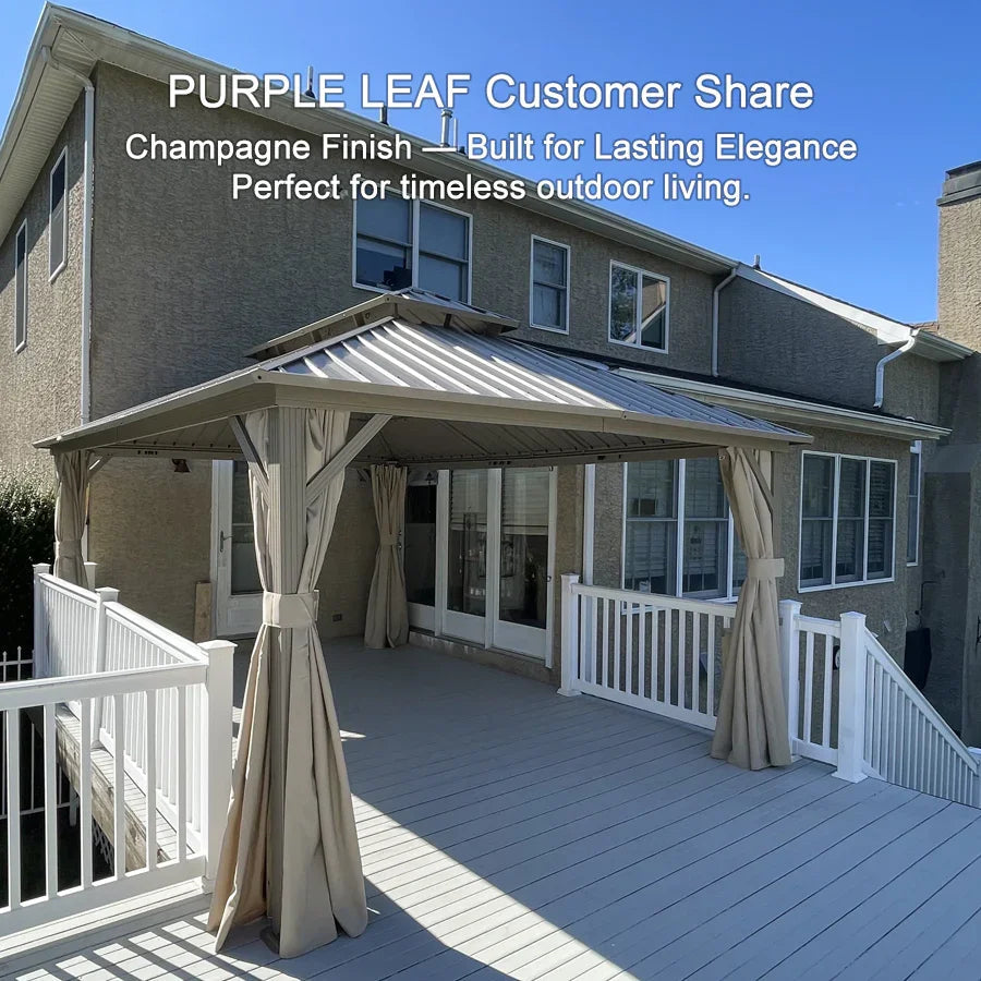 PURPLE LEAF Deck Gazebo Champagne Hardtop Metal Frame Double Roof with Curtains and Netting with Lights-milky