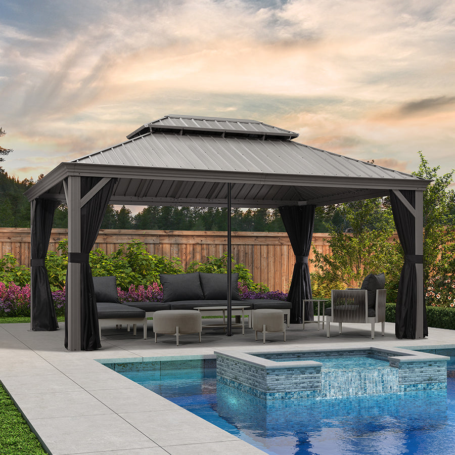 PURPLE LEAF Patio Gazebo for Pool Light Grey Hardtop Galvanized Steel Roof with Reinforcement Support Rod