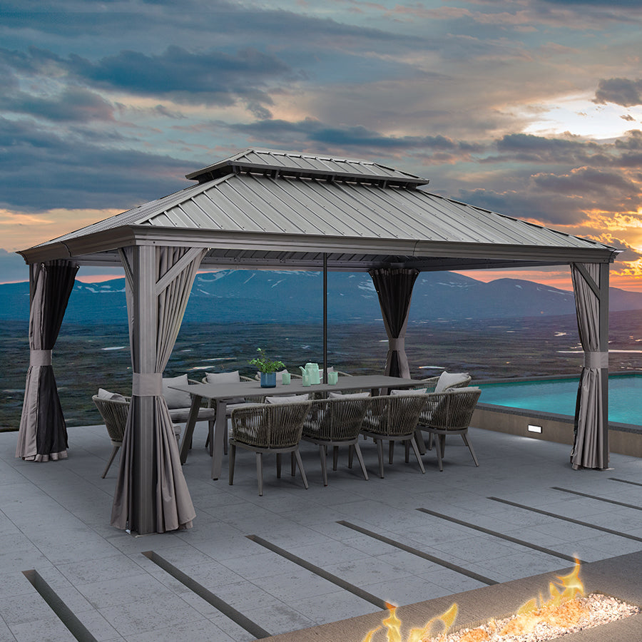 PURPLE LEAF Patio Gazebo for Backyard Grey Hardtop Galvanized Steel Roof Awning with Reinforcement Support Rod