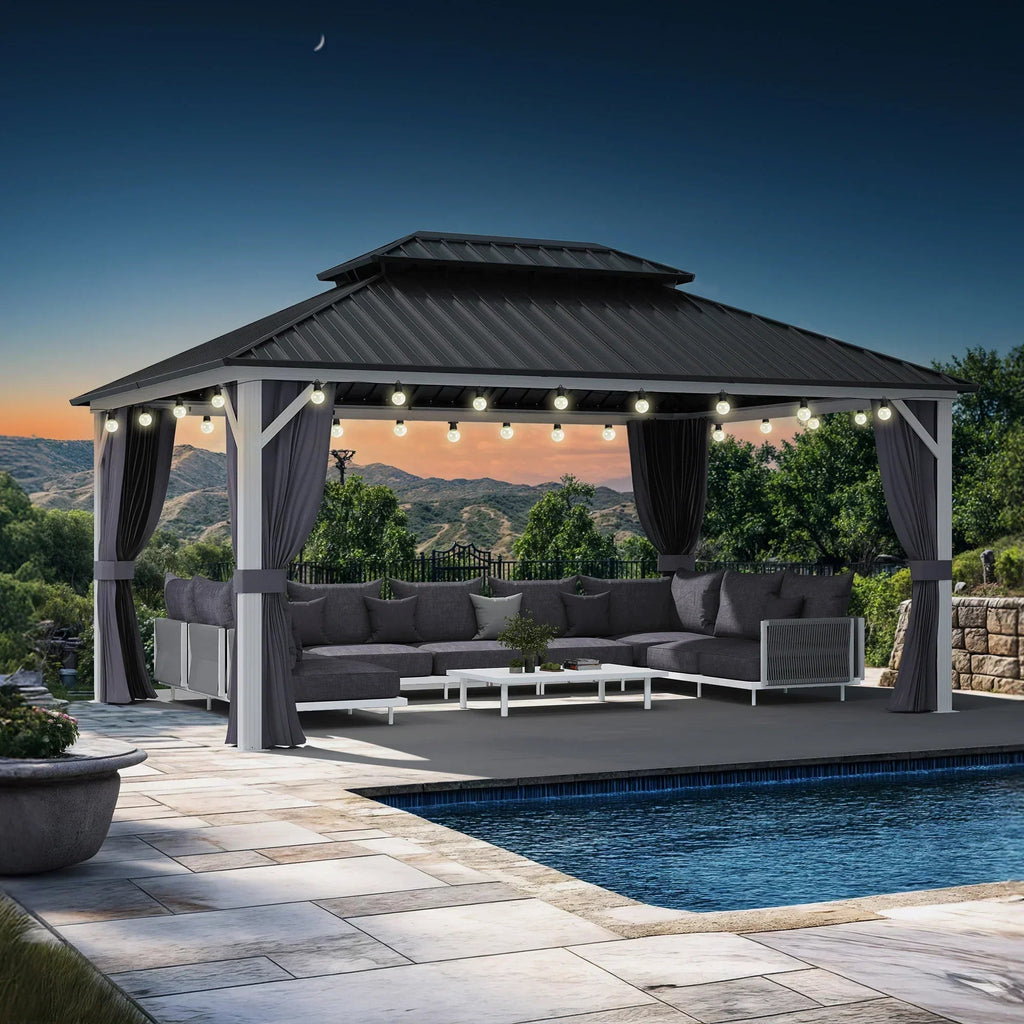 PURPLE LEAF Modern Gazebo Grey Hardtop Galvanized Steel Double Roof White Aluminum Poles with Curtains and Netting with Lights-milky