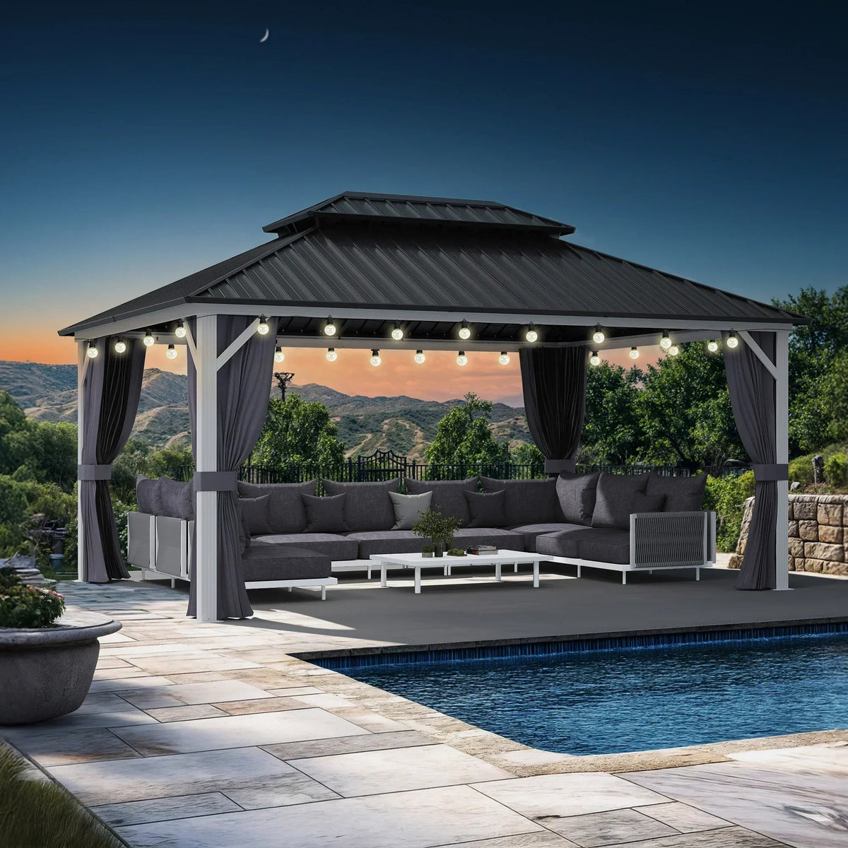 PURPLE LEAF Modern Gazebo Grey Hardtop Galvanized Steel Double Roof White Aluminum Poles with Curtains and Netting with Lights-milky