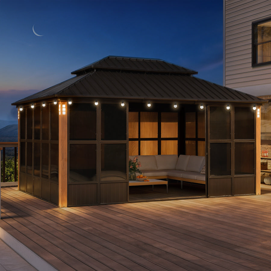 PURPLE LEAF Bronze Frame Sunroom Hardtop Gazebo Solarium Wood Grain Columns Galvanized Steel Double Roof All-Weather Screen House with Lights