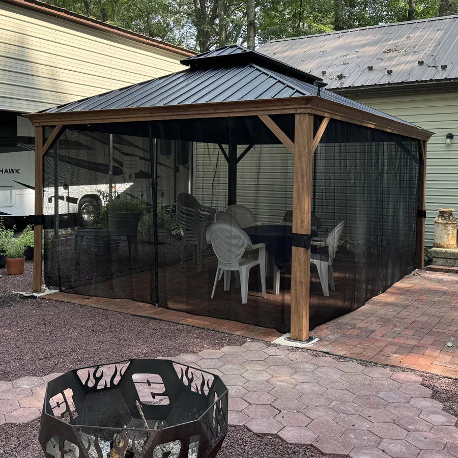 PURPLE LEAF Hardtop Gazebo for Patio Wood Grain Aluminum Frame Awning with Netting