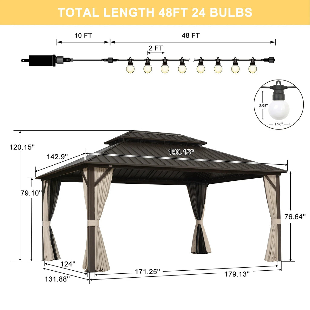 PURPLE LEAF Hardtop Gazebo Featuring Galvanized Steel Double Roof and Bronze Aluminum Frame with Curtains and Netting for Backyard with Lights-milky