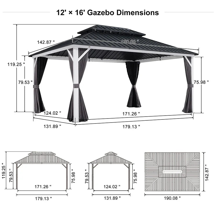 PURPLE LEAF Modern Gazebo Grey Hardtop Galvanized Steel Double Roof White Aluminum Poles with Curtains and Netting