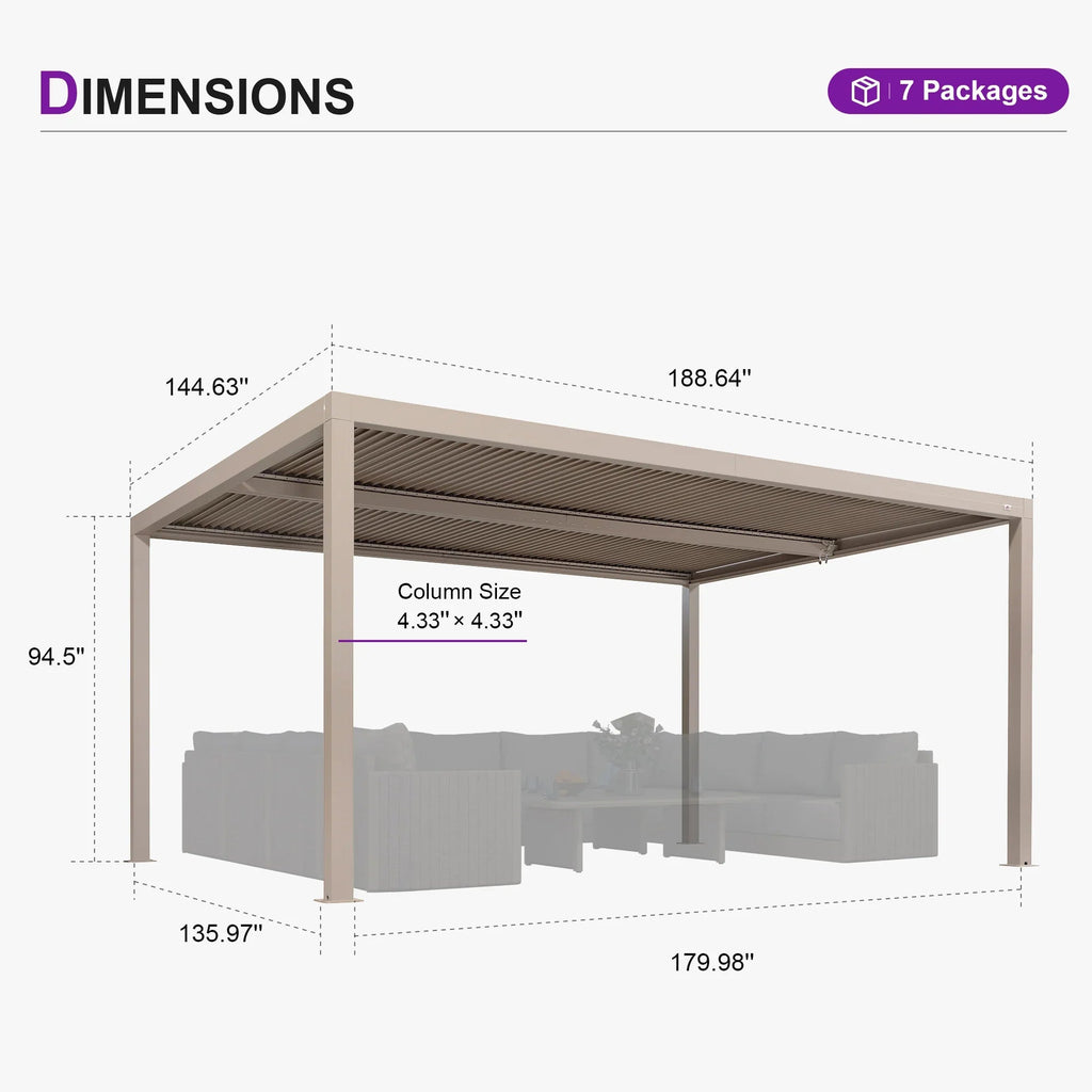 PURPLE LEAF Athena Louvered Pergola Champagne Outdoor Aluminum Pergola with Solid Color Roller Blind Adjustable Gazebo for Patio Deck Garden