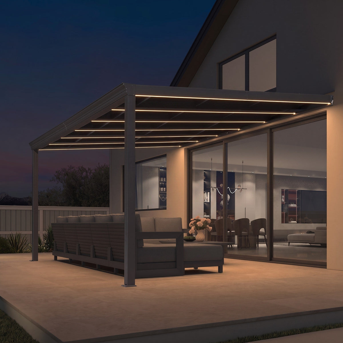 PURPLE LEAF Wall Mounted Gazebo with Gray Polycarbonate Roof Aluminum Frame Patio Cover with Strip Light for Porch