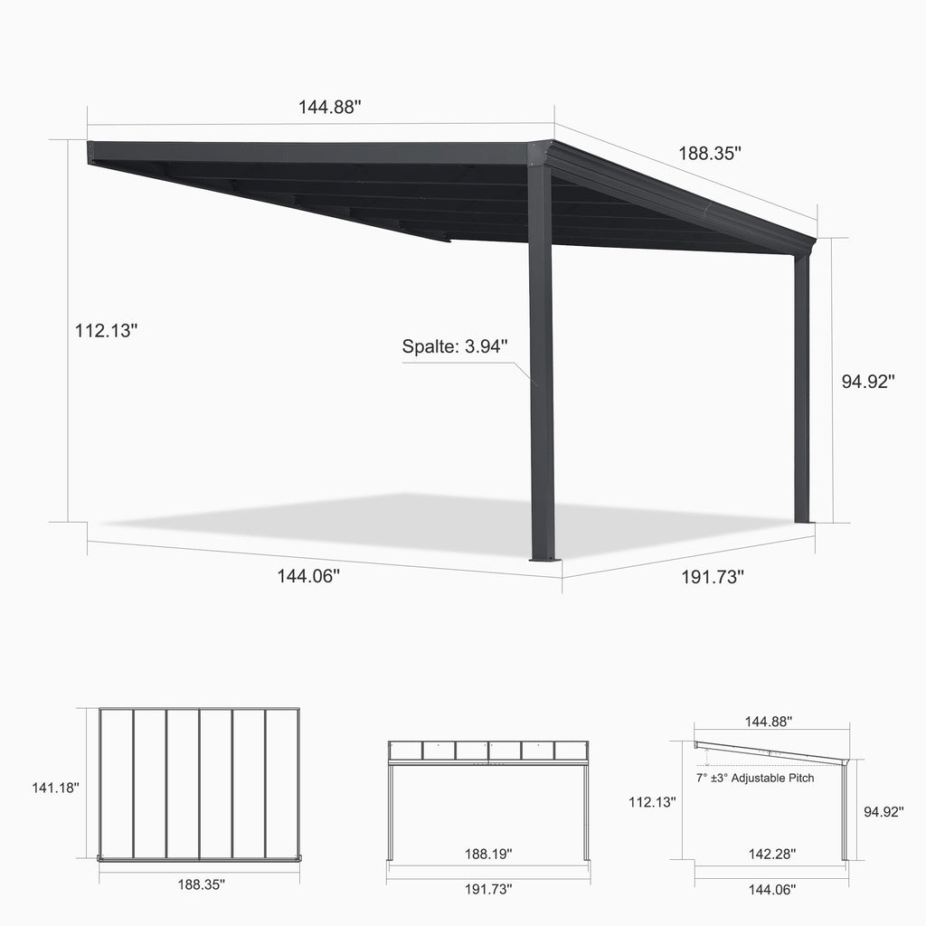 PURPLE LEAF Wall Mounted Gazebo with Gray Polycarbonate Roof Aluminum Frame Patio Cover for Porch