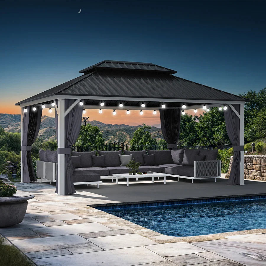 PURPLE LEAF Modern Gazebo Grey Hardtop Galvanized Steel Double Roof White Aluminum Poles with Curtains and Netting with Lights-milky
