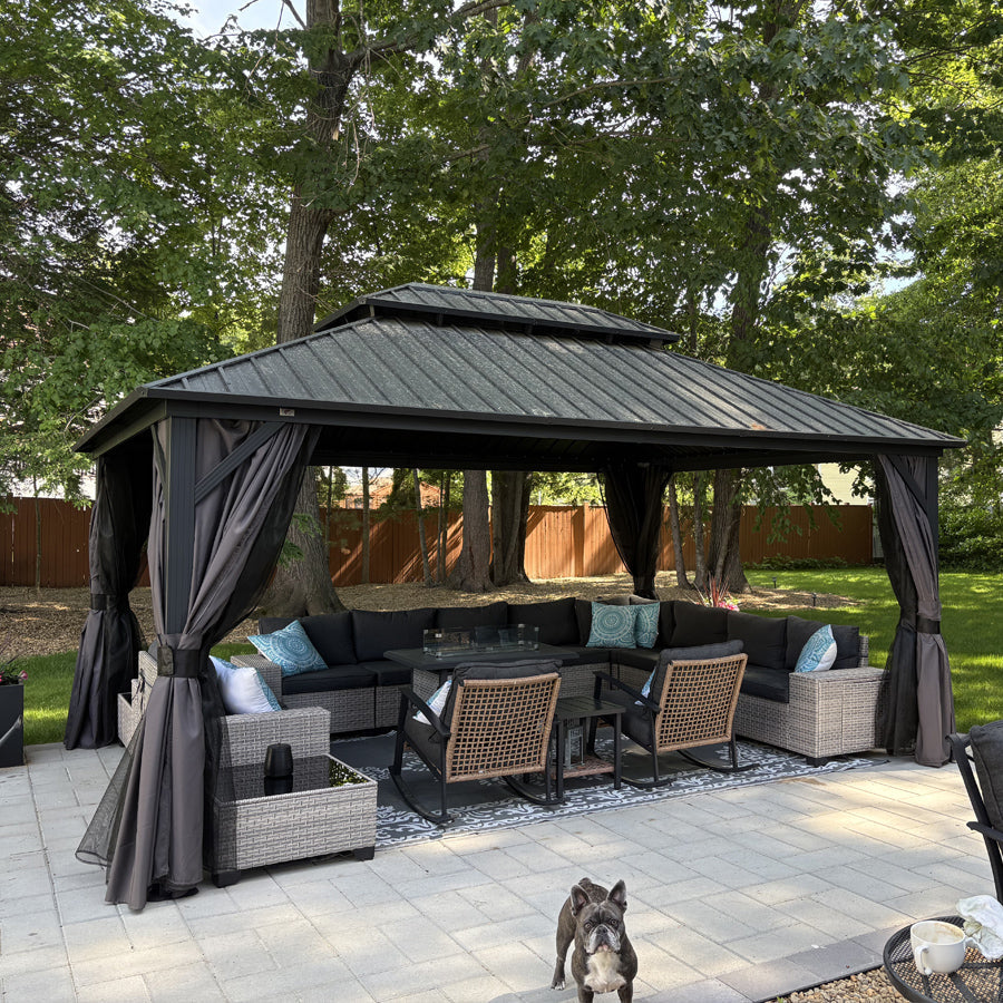 PURPLE LEAF Grey Hardtop Gazebo with Heavy Duty Galvanized Steel Double Roof with Netting and Curtains