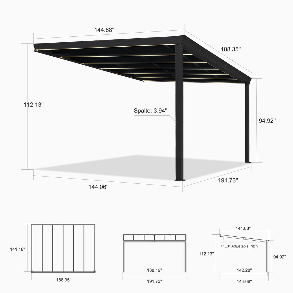 PURPLE LEAF Wall Mounted Gazebo with Gray Polycarbonate Roof Aluminum Frame Patio Cover with Strip Light for Porch