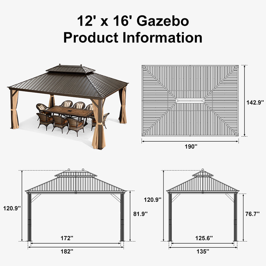 PURPLE LEAF Outdoor Hardtop Gazebo for Garden Bronze Double Roof Aluminum Frame Pavilion with String Lights-milky
