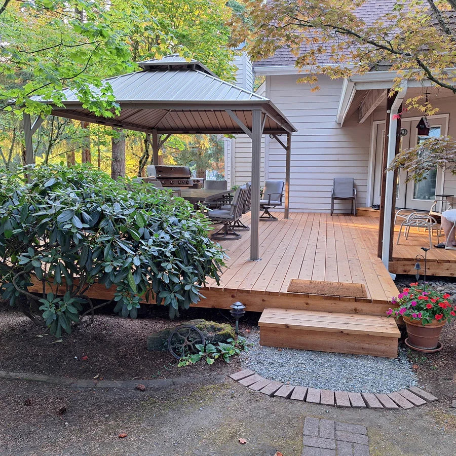 PURPLE LEAF Deck Gazebo Champagne Hardtop Metal Frame Double Roof with Curtains and Netting with Lights-clear