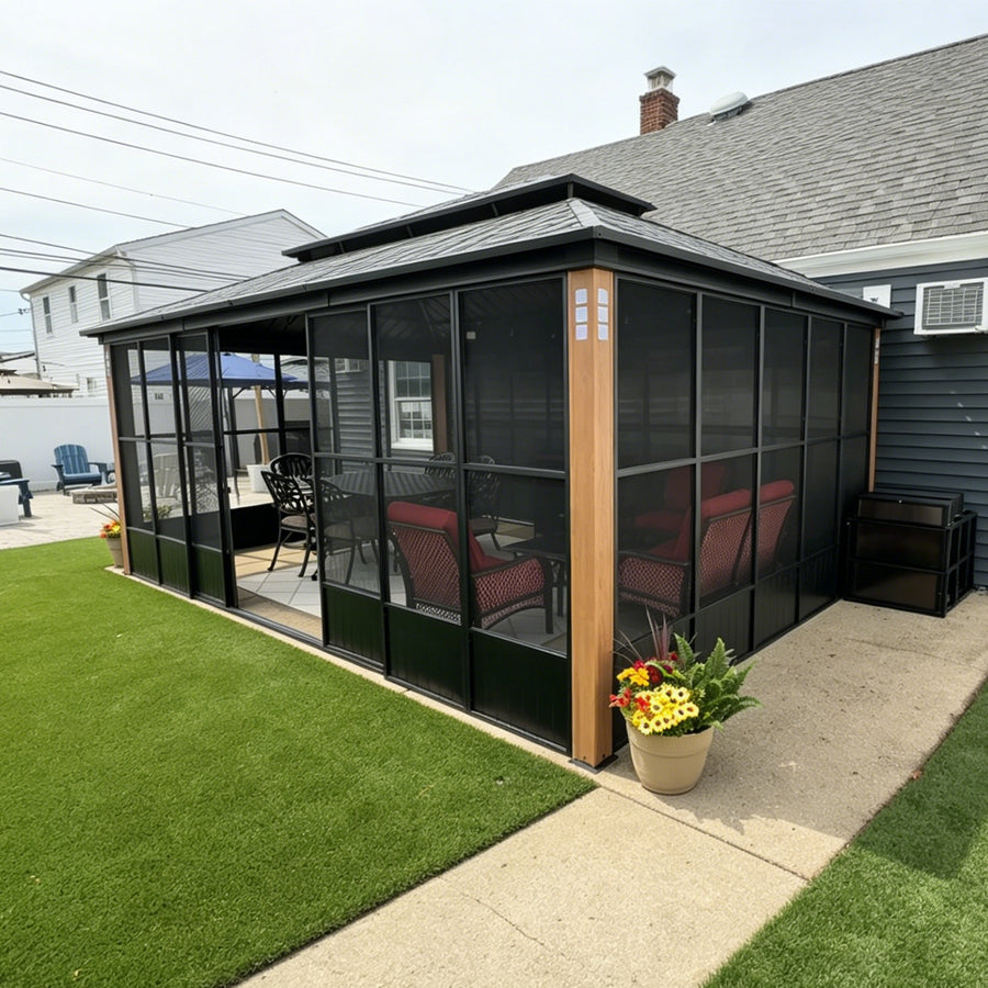 PURPLE LEAF Sunroom Hardtop Gazebo with Wood Grain Columns Black Frame Double Roof Galvanized Steel Solarium All-Weather Screen House with String Lights