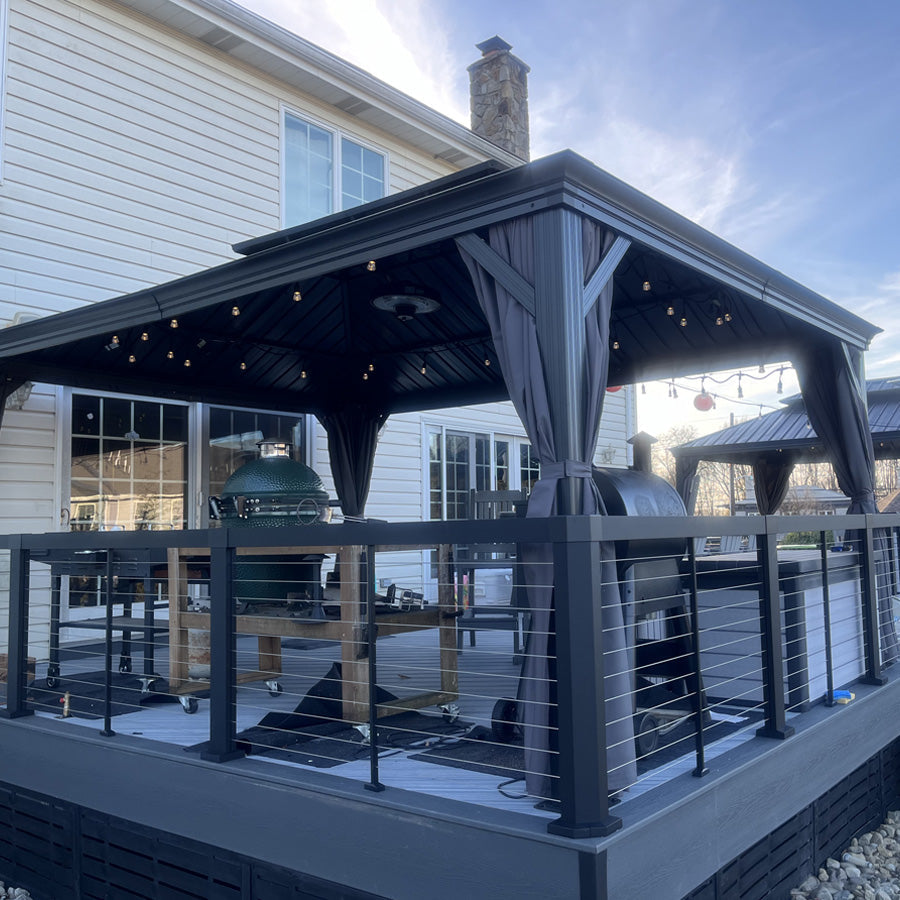 PURPLE LEAF Patio Gazebo for Backyard Grey Hardtop Galvanized Steel Roof Awning with String Lights-clear