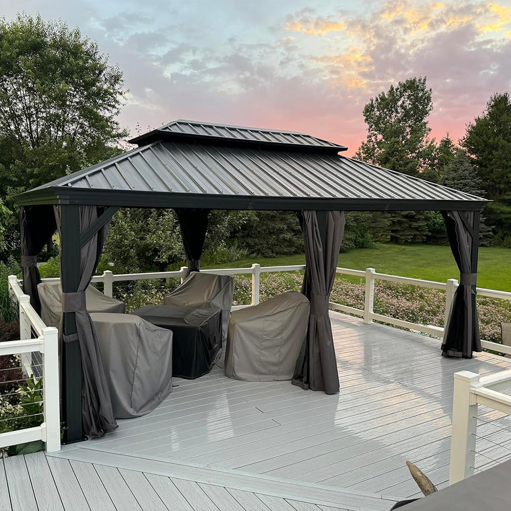 PURPLE LEAF Patio Gazebo for Backyard Grey Hardtop Galvanized Steel Roof Awning String Lights-milky
