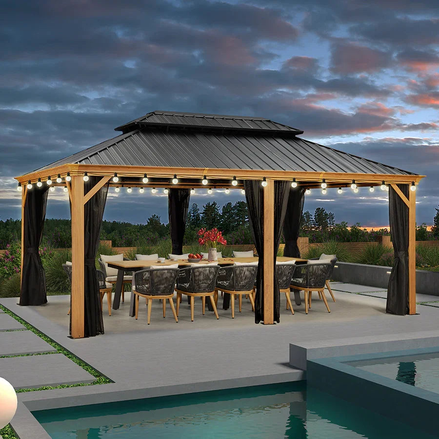 PURPLE LEAF – Pavillon à toit rigide pour terrasse, structure en aluminium effet bois avec guirlande lumineuse – clear