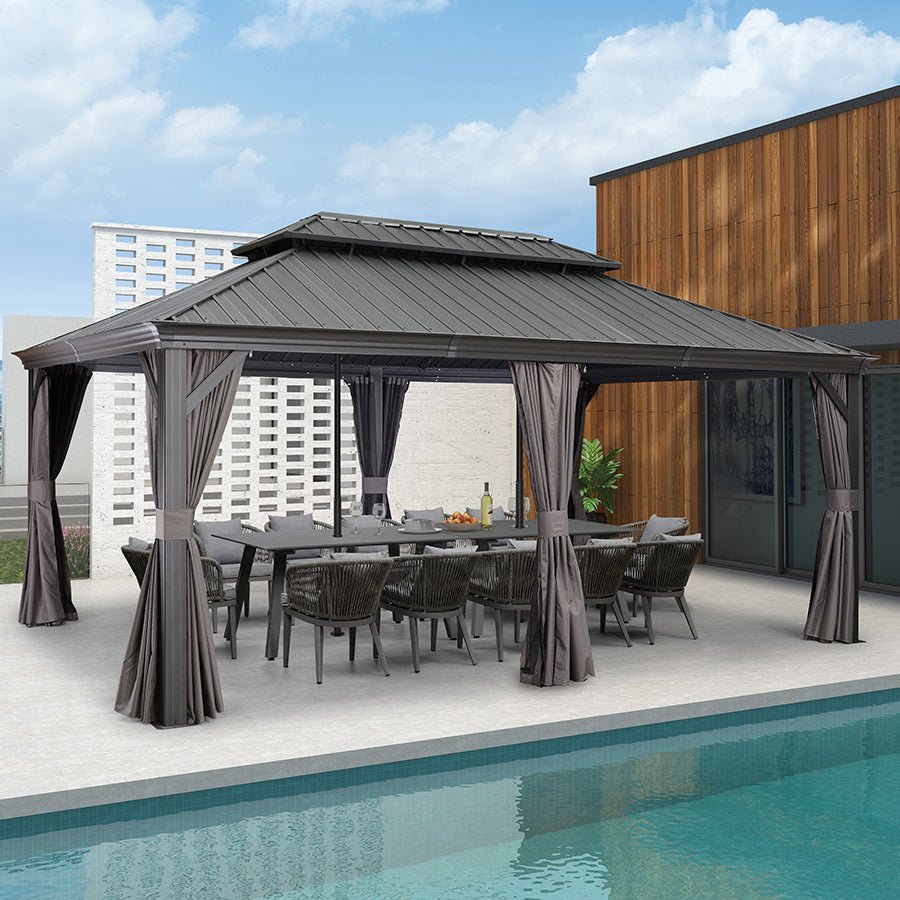 PURPLE LEAF Patio Gazebo for Backyard Grey Hardtop Galvanized Steel Roof Awning with Reinforcement Support Rod