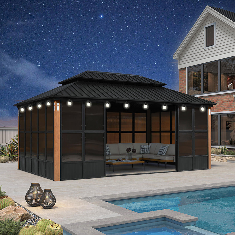 PURPLE LEAF Sunroom Hardtop Gazebo with Wood Grain Columns Black Frame Double Roof Galvanized Steel Solarium All-Weather Screen House with String Lights