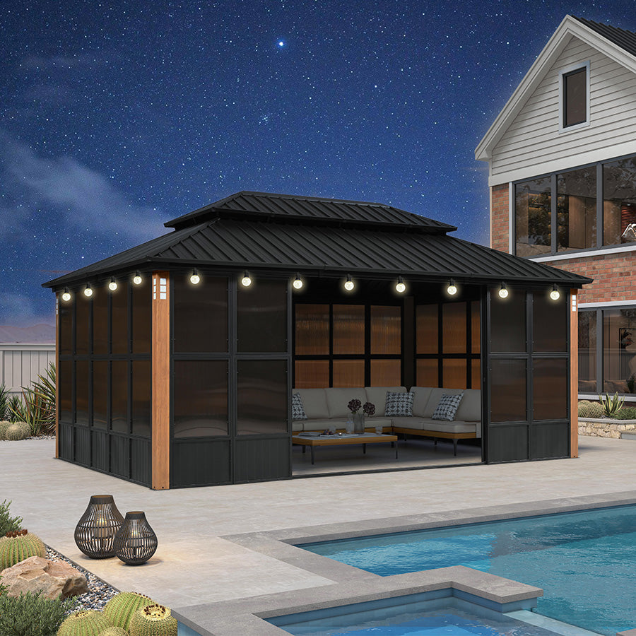 PURPLE LEAF Sunroom Hardtop Gazebo with Wood Grain Columns Black Frame Double Roof Galvanized Steel Solarium All-Weather Screen House with String Lights