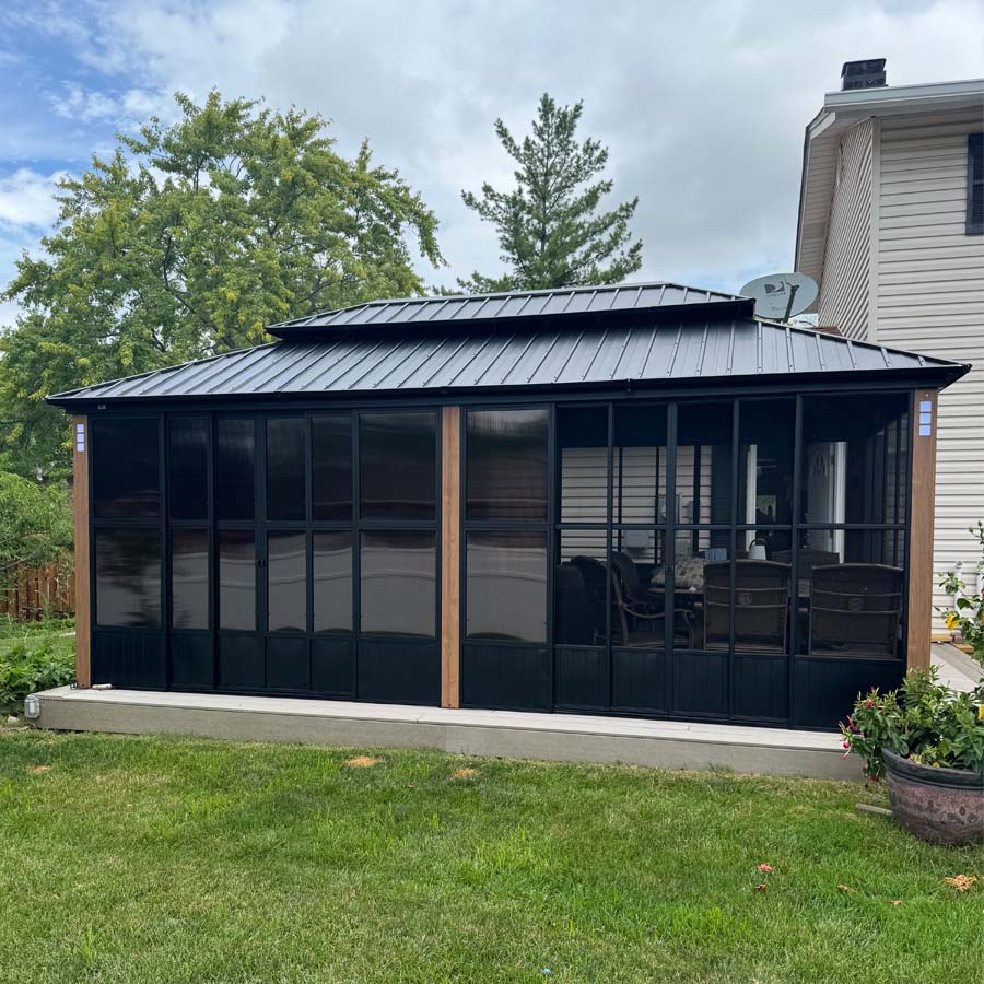 PURPLE LEAF Sunroom Hardtop Gazebo with Wood Grain Columns Black Frame Double Roof Galvanized Steel Solarium All-Weather Screen House with String Lights