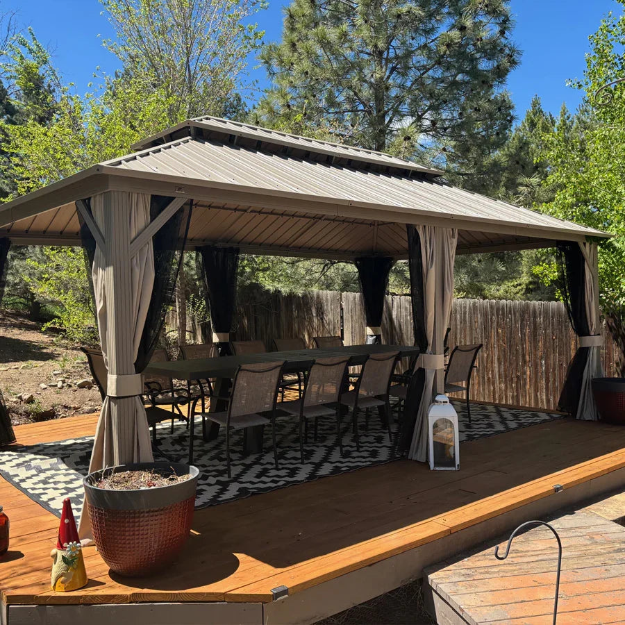 PURPLE LEAF Deck Gazebo Champagne Hardtop Metal Frame Double Roof with Curtains and Netting with Lights-milky