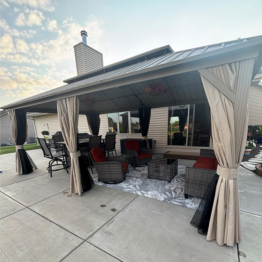 PURPLE LEAF Deck Gazebo Champagne Hardtop Metal Frame Double Roof with Curtains and Netting with Lights-milky