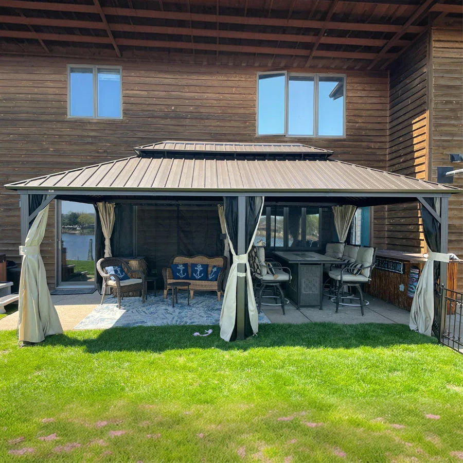 PURPLE LEAF Hardtop Gazebo Featuring Galvanized Steel Double Roof and Bronze Aluminum Frame with Curtains and Netting for Poolside with Lights-clear