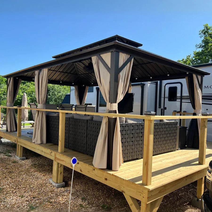 PURPLE LEAF Hardtop Gazebo Featuring Galvanized Steel Double Roof and Bronze Aluminum Frame with Curtains and Netting for Backyard with Lights-milky