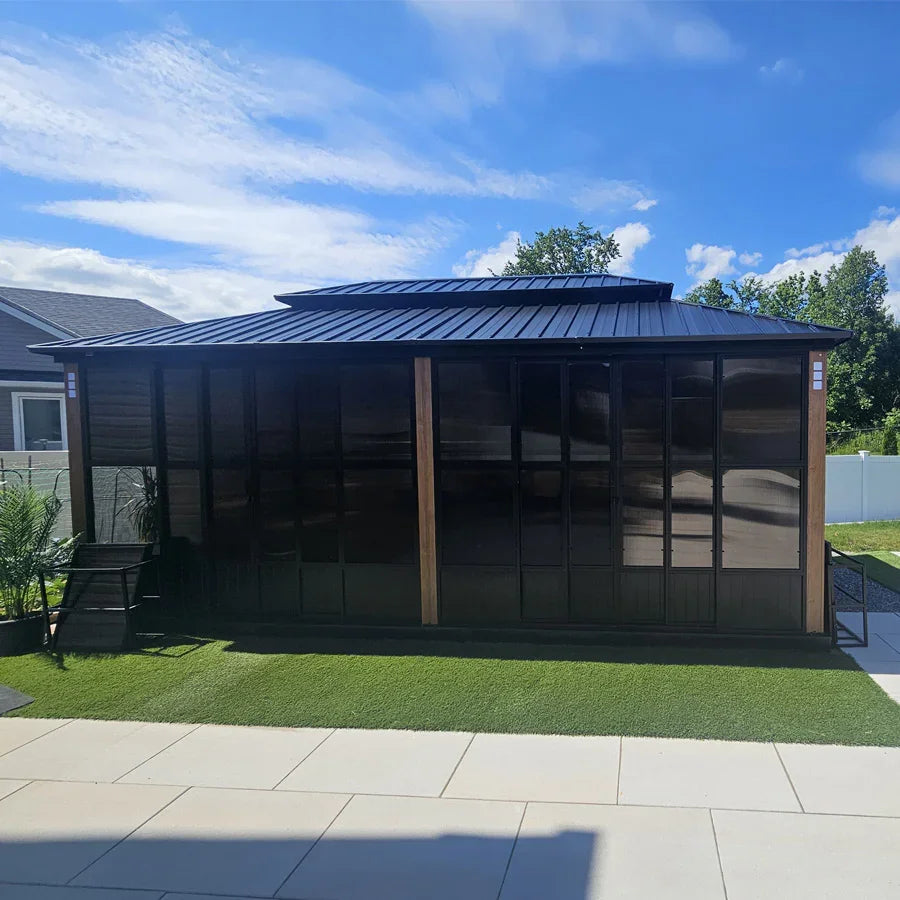 PURPLE LEAF Sunroom Hardtop Gazebo with Wood Grain Columns Black Frame Double Roof Galvanized Steel Solarium All-Weather Screen House with String Lights