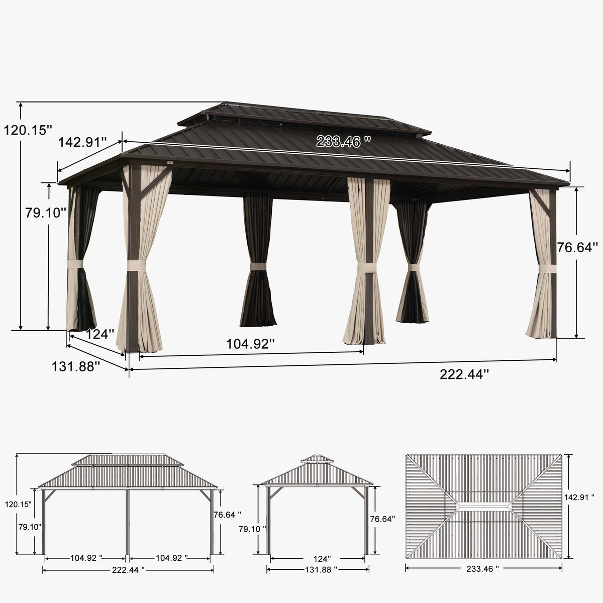 PURPLE LEAF Hardtop Gazebo Featuring Galvanized Steel Double Roof and Bronze Aluminum Frame with Curtains Netting and Reinforcement Support Rods