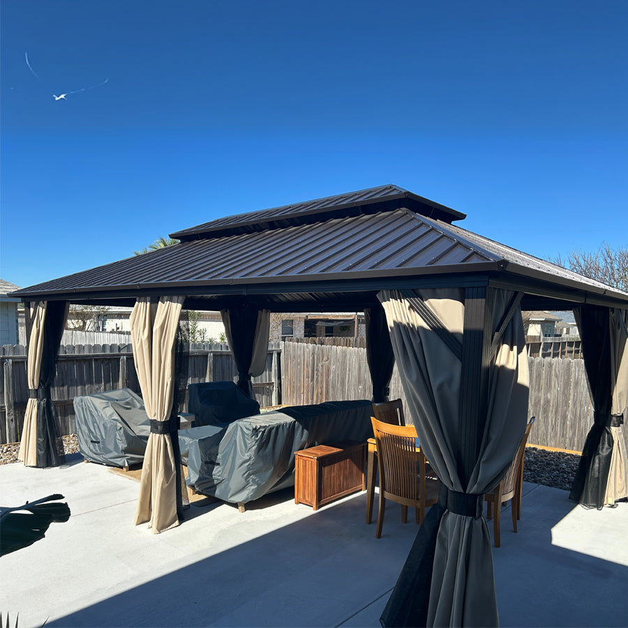 PURPLE LEAF Hardtop Gazebo Featuring Galvanized Steel Double Roof and Bronze Aluminum Frame with Curtains and Netting for Backyard with Lights-milky