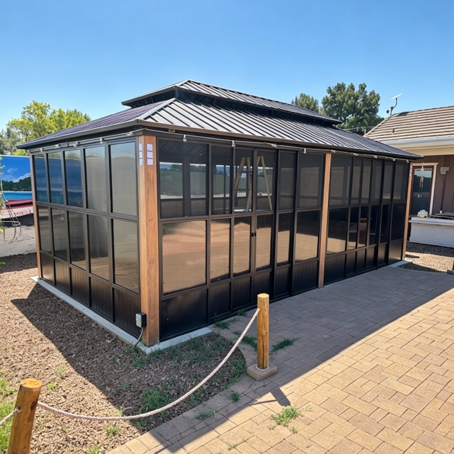 PURPLE LEAF Bronze Frame Sunroom Hardtop Gazebo Solarium Wood Grain Columns Galvanized Steel Double Roof All-Weather Screen House with Lights
