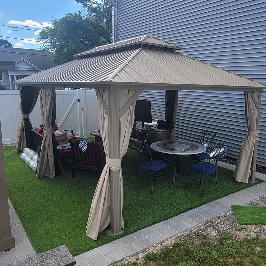 PURPLE LEAF Deck Gazebo Champagne Hardtop Metal Frame Double Roof with Curtains and Netting with Lights-milky