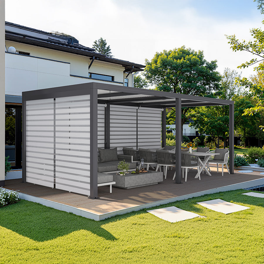 PURPLE LEAF Athena Louvered Pergola Grey Outdoor Aluminum Pergola with Roller Blinds Adjustable Gazebo Rainproof for Patio Deck Garden