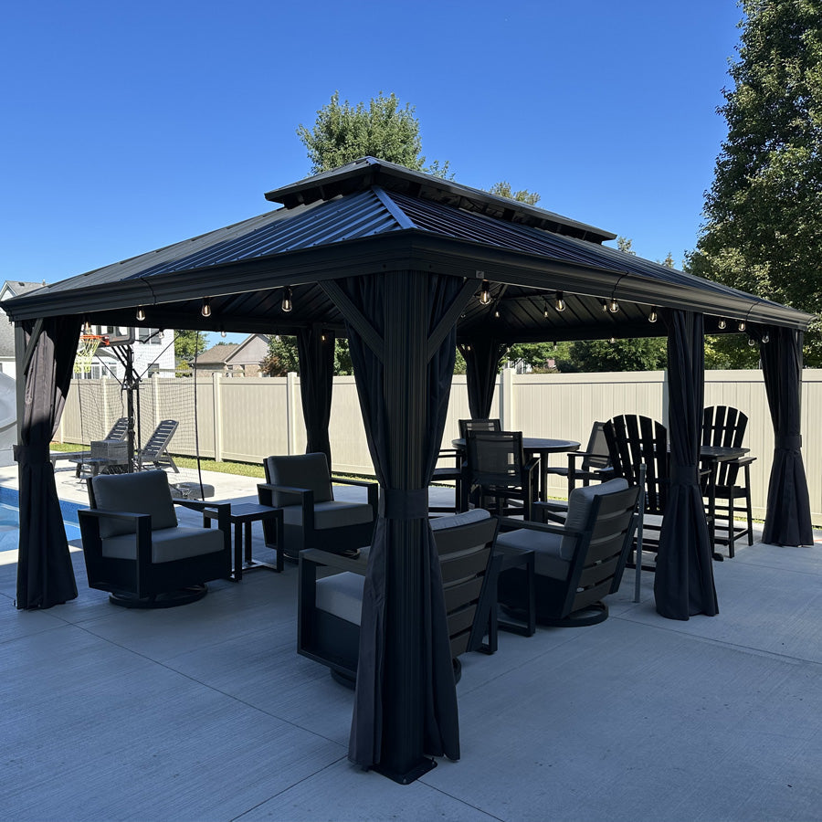 PURPLE LEAF Patio Gazebo for Backyard Grey Hardtop Galvanized Steel Roof Awning String Lights-milky