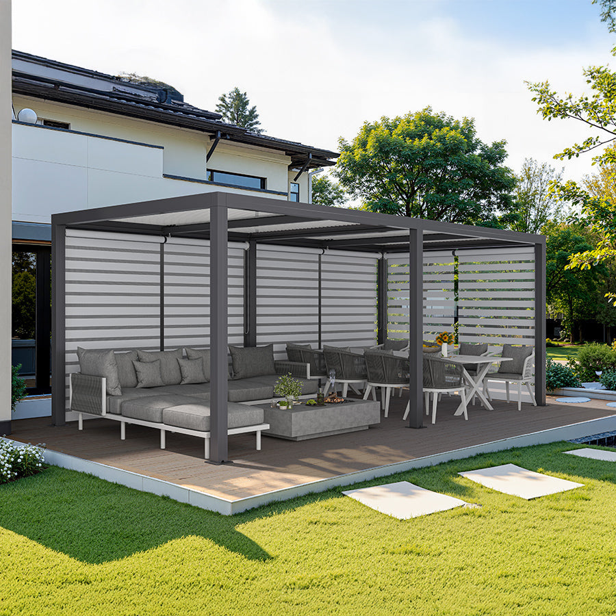PURPLE LEAF Athena Louvered Pergola Grey Outdoor Aluminum Pergola with Roller Blinds Adjustable Gazebo Rainproof for Patio Deck Garden