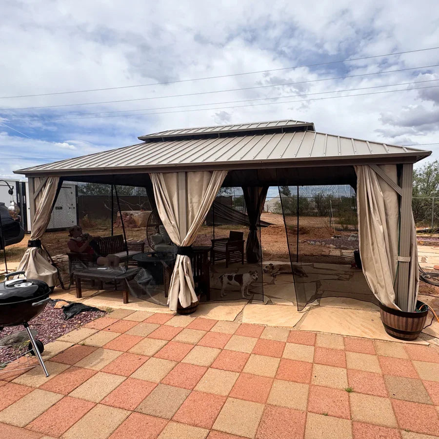 PURPLE LEAF Deck Gazebo Champagne Hardtop Metal Frame Double Roof with Curtains and Netting