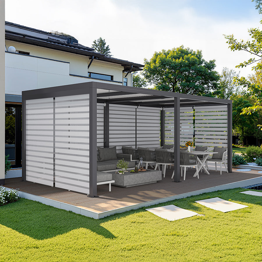 PURPLE LEAF Athena Louvered Pergola Grey Outdoor Aluminum Pergola with Roller Blinds Adjustable Gazebo Rainproof for Patio Deck Garden